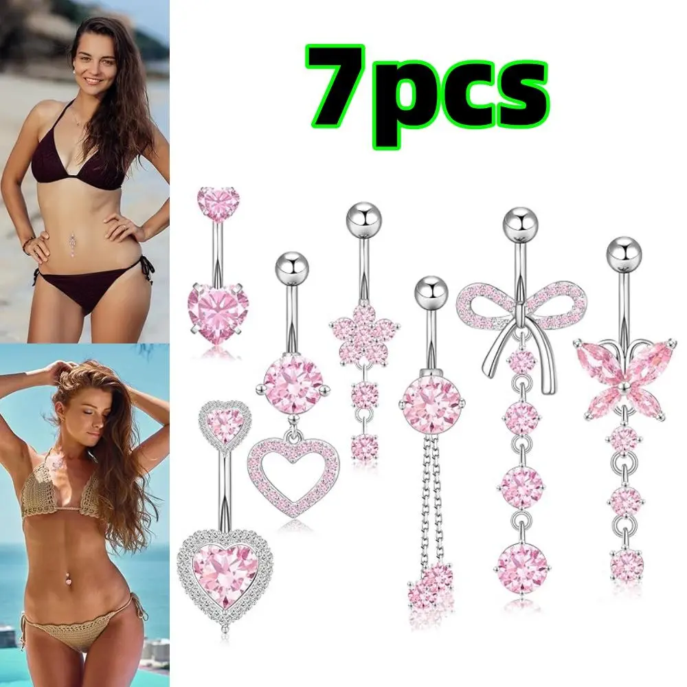 7-Piece Dangle Belly Button Ring Set for Women, 14G Hypoallergenic Surgical Steel Navel Jewelry with Pink CZ Butterfly & Heart Charms, Women's Fashion Gift for Party & Christmas