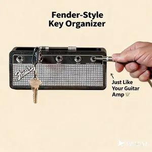 Pluginz - Fender - Jack Rack - Black & Silver with 4 Guitar Plug Keychains Key storage box