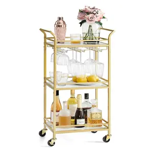 【Deals For You】VASAGLE Bar Cart, Home Bar Serving Cart with 3 Tiers, Kitchen Shelf with Wine Rack, Glass Holders, for Small Spaces, Dining Room, Living Room