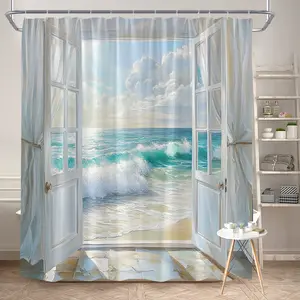 1Pc Coastal Ocean View Shower Curtain Polyester Fabric Bathroom Decor Bath Bathtub Partition Curtain with 12 Hooks 70.8x70.8 Inch Featuring Scenic Beach Landscape and Gentle Waves