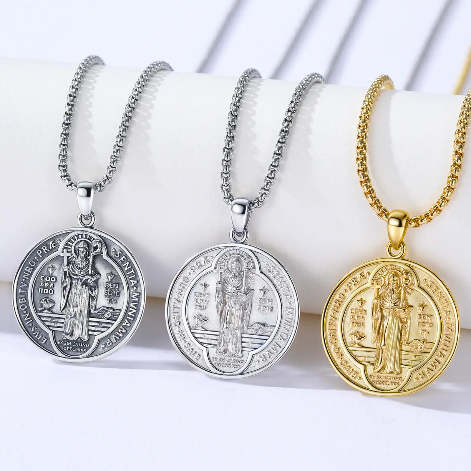 DRINSPER San Benito plata 925 colgante collar, Saint Benedict Pendant Necklace, 925 Sterling Silver, Vintage St Benedict Medal, Christians Belief Reli