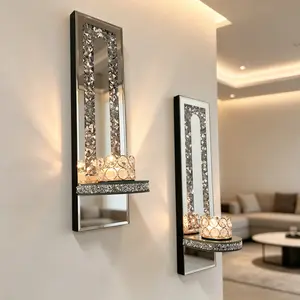 Glam 2-Piece Crystal Mirror Wall Candle Holder Set, Luxury Bow Candle Sconces for Living Room, Farmhouse Home Decor, Wedding & Party Decoration