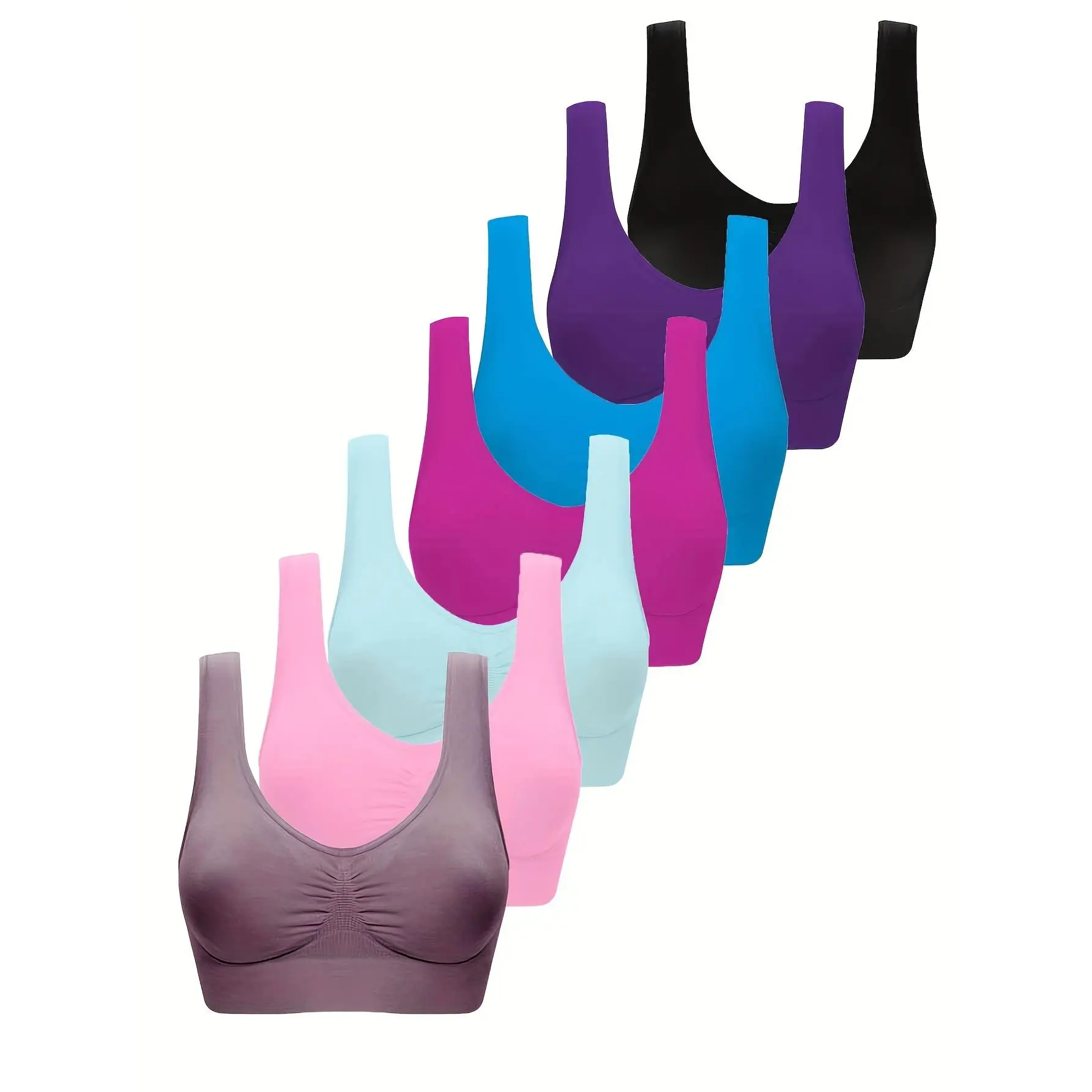 Wireless Breathable 7pcs Women's Sports Bras, Solid Color Nylon Knit Fabric, Adult Athletic Underwear, 92% Nylon 8% Elastane, Workout Tank Bra