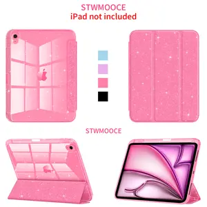 STWMOOCE Glitter Transparent iPad Case, Sparkly Crystal Clear Shell with PU Leather Magnetic Tri-Fold Cover for iPad 10.2 7/8/9th, iPad 10th/A16, iPad Air 4/5, iPad Air M2/M3/M4 11/13-inch, iPad Pro 11/13 M4/M5, iPad Pro 12.9 3-6th, Pink Protection Tablet