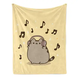 Pusheen Cat Cute Music Headphones Print Soft Cozy Flannel Blanket Kawaii Cartoon Music Note Warm Fuzzy Plush Throw Perfect Birthday Christmas Gift for Cat Lovers Kids Women Girls Bedroom Sofa Home Decor