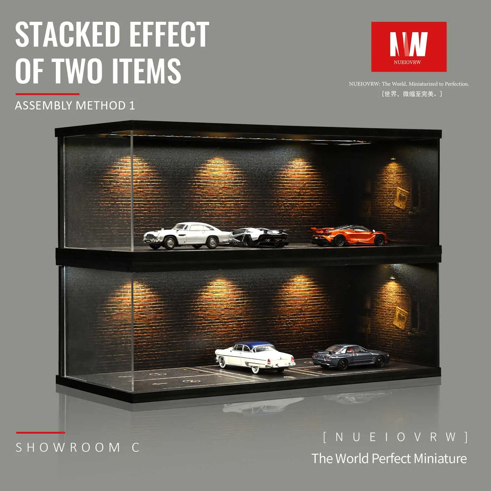 Diorama 1:64 1:43 1:18 Scale Model Car Showroom Car Parking Lot Car Garage Scene Model 3-color LED Lighting Showcase Car Art Diecast Car Collection Miniature Scene Gift Toy for Car Lovers Display Case Decoration Retro Classic Design