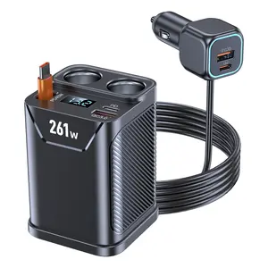 Car Socket Cigarette Lighter Splitter 261W Digital Display Retractable Car Charger with PD 45W+ QC 3.0 Super Fast Charger, 4-in-1 Car Socket Lighter