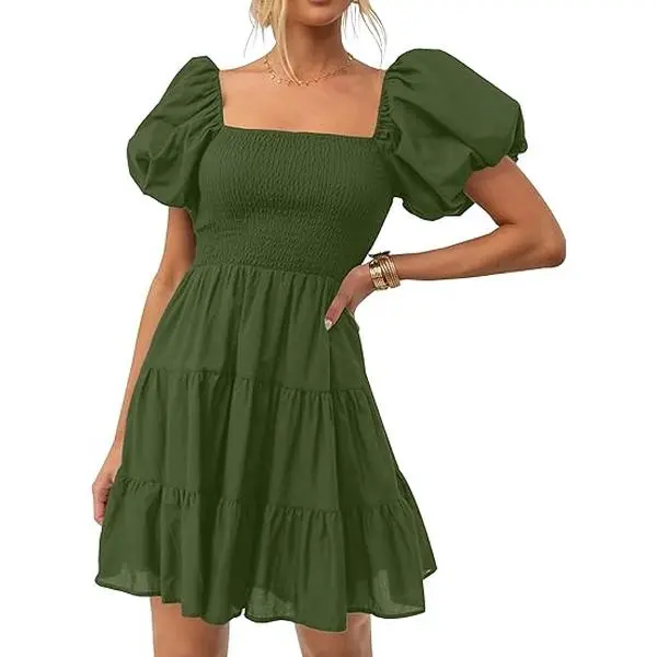 ZESICA Women's Boho 2025 Summer Square Neck Puff Sleeve Off Shoulder Smocked Tiered Casual A Line Short Mini Dress
