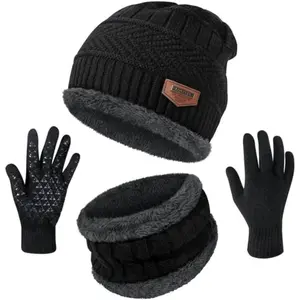 Unisex Warm Acrylic Knitted Fashion Accessory Set - Matching Beanie, Scarf, and Gloves, Black Outdoor Winter Accessory Set for Men and Women