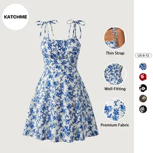Katch Me Chic Women's Vibrant Adjustable Thin Strap Floral Print Slinky Mini Dress, Comfort Women's Clothing for Beach Holiday, Summer Breezy Dresses