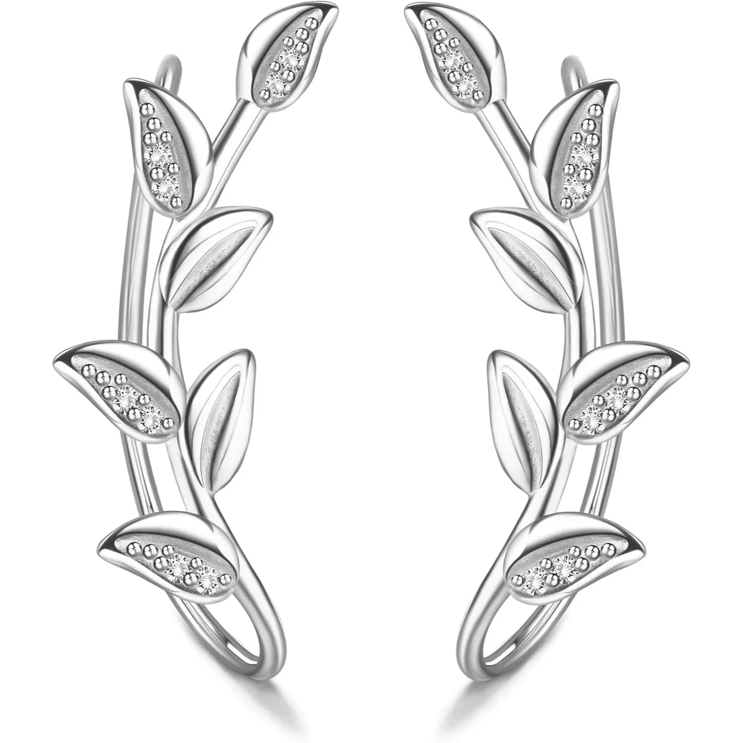 Ear Cuff and Crawler Earring Stack Set for Women, 925 Sterling Silver Leaf Pattern with Cubic Zirconia, Hypoallergenic No-Piercing Ear Clip for Daily Wear, Female, Insanely Sparkly, Mix, Match & Stack, Clip On Earrings, Jewelry Stack