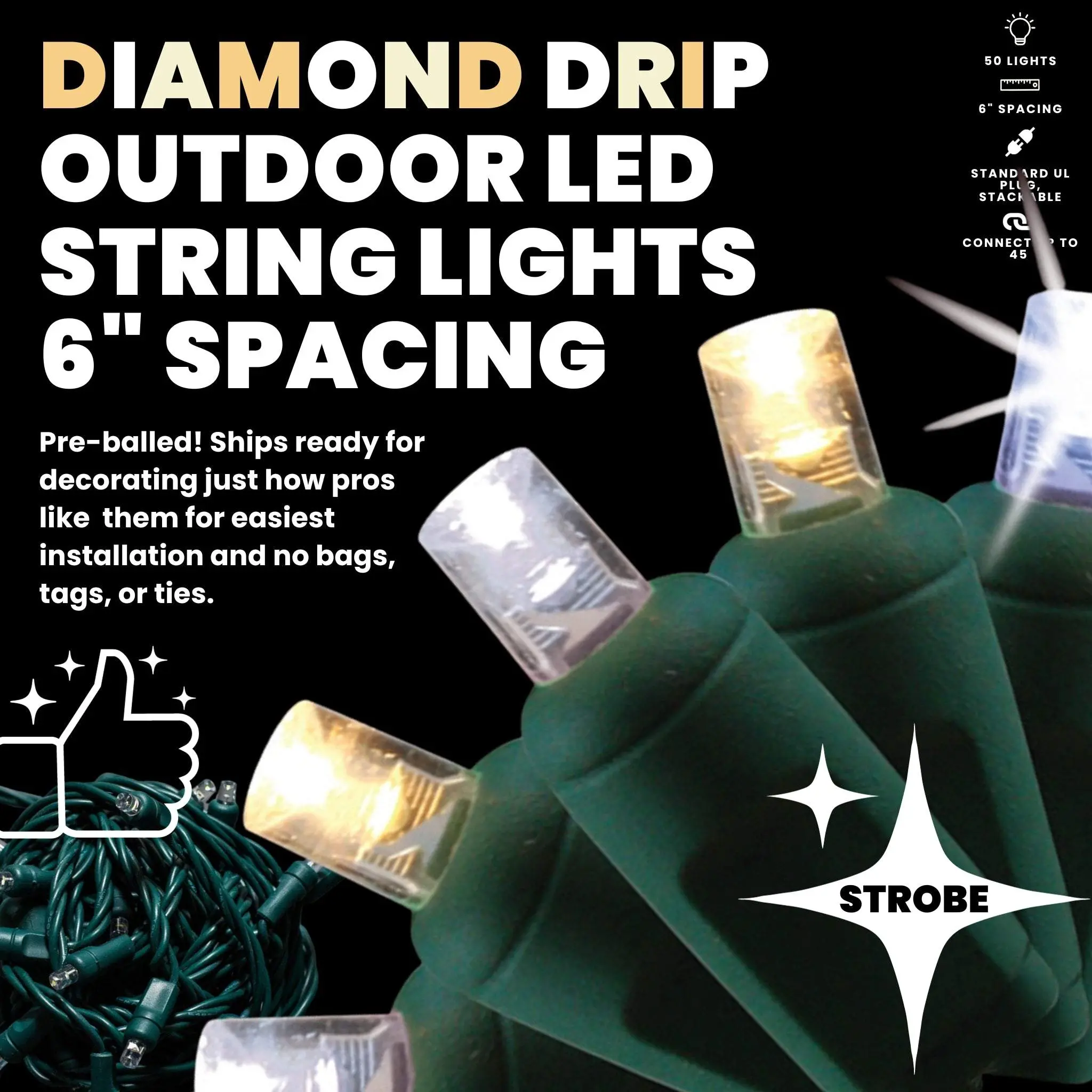 Sparkling Diamond String Light Set with Warm White, Pure White and Strobe, Waterproof 5mm LED Commercial Indoor/Outdoor Mini Christmas Lights, 50L