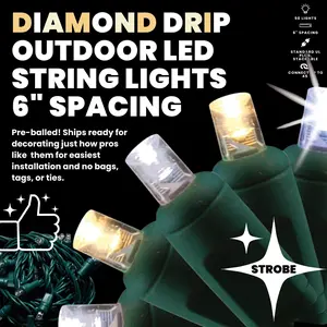Sparkling Diamond String Light Set with Warm White, Pure White and Strobe, Waterproof 5mm LED Commercial Indoor/Outdoor Mini Christmas Lights, 50L