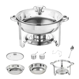 VEVOR Chafing Dish Buffet Set, 4 Qt 2 Pack, Stainless Steel Chafer with 2 Full Size Pans, Round Catering Warmer Server with Vented Glass Lid Water Pan Stand Fuel Holder Hook Spoon, at Least 4 People E
