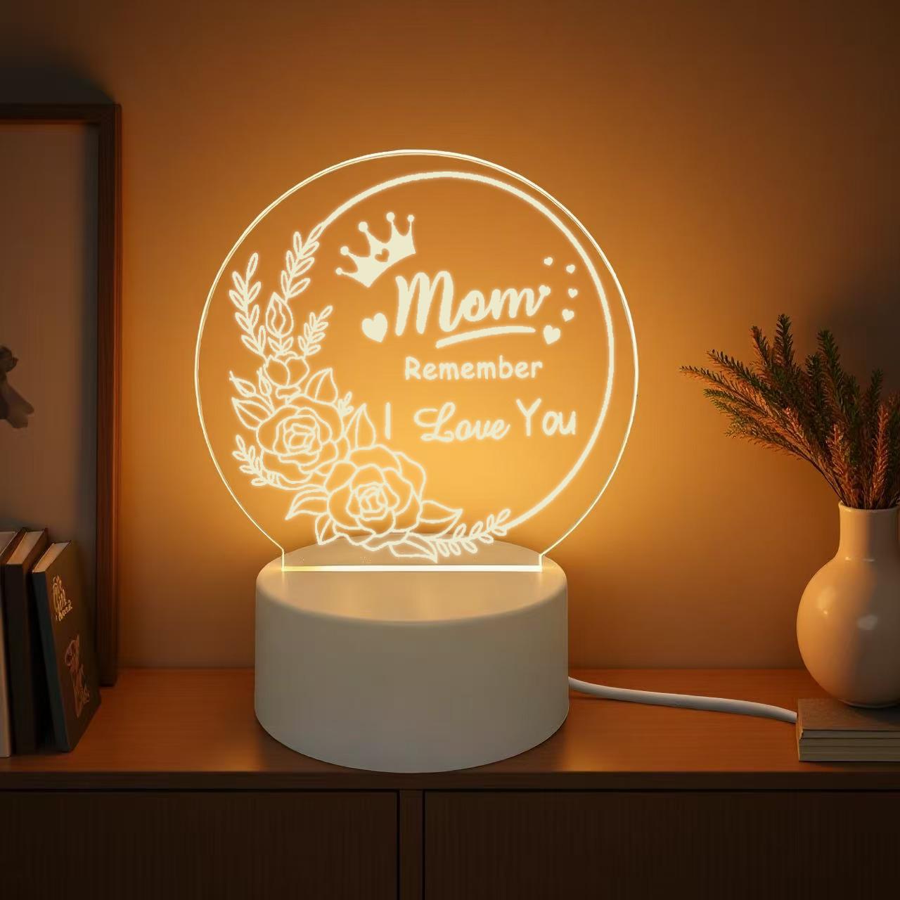 Mom Remember I Love You 2D Acrylic LED Night Light, Rose Crown Engraved Warm White Bedside Lamp, USB Powered Desk Decor Lamp, Best Mother's Day Birthday Gift for Mom, Bedroom Living Room Home Decor Nightlight