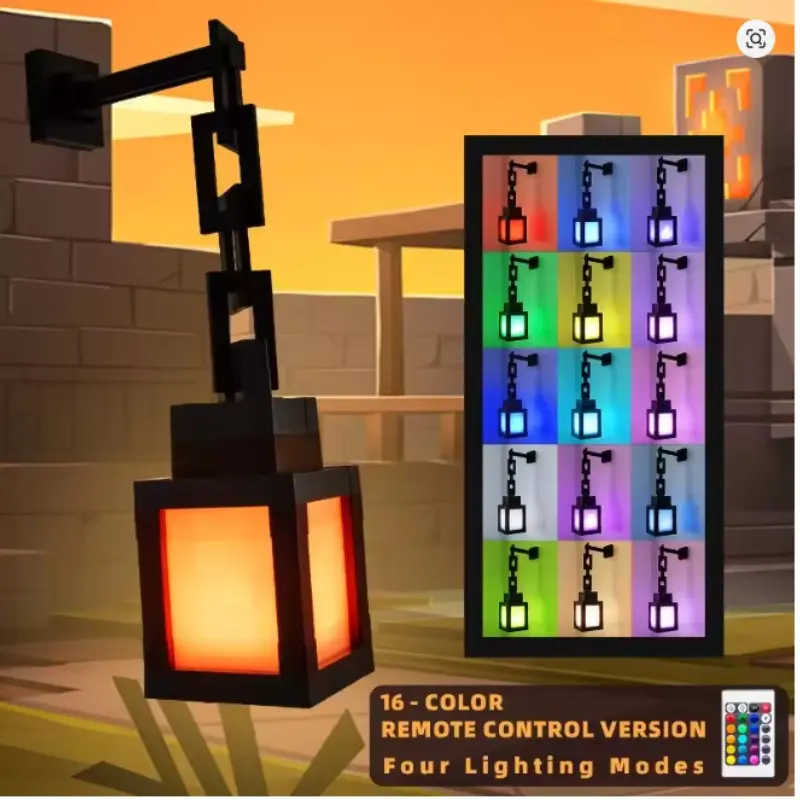 Pixel Lantern Night Light, 16 Color LED Wall Mount Mood Lamp with Remote Control, Rechargeable Bedside Lamp for Boy Room Decor