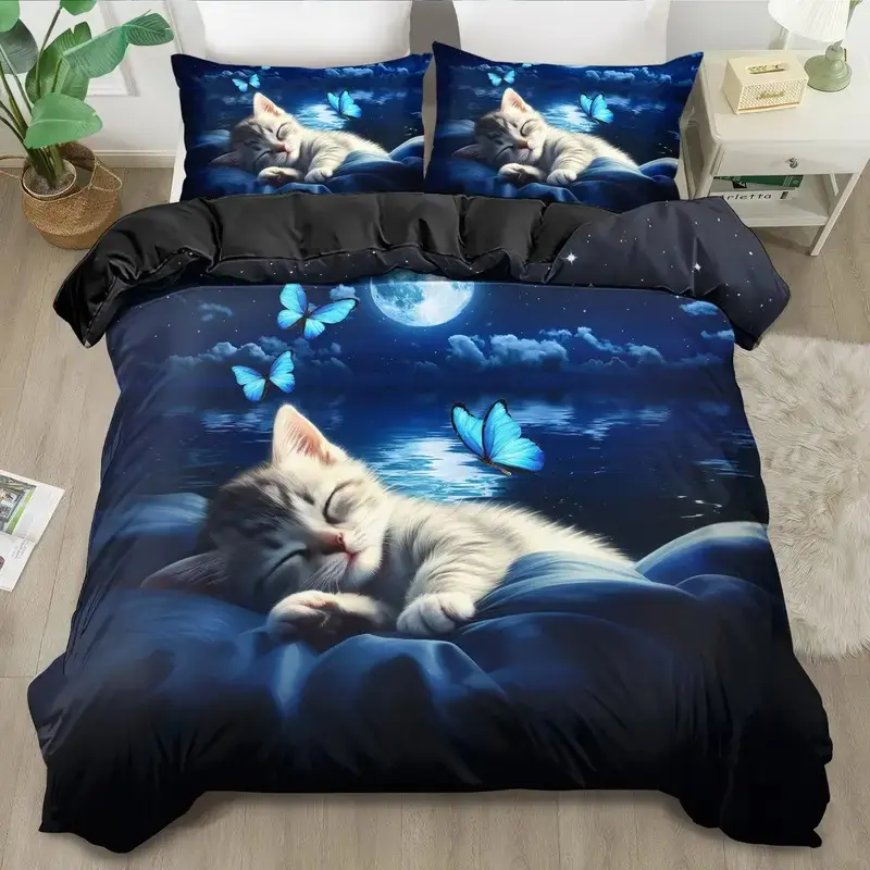 2D Print Cat Pattern Theme Bedding Set, Soft Breathable Polyester Fabric, All-Season Use, Includes 1 Fitted Sheet + 2 Pillowcases, Breathable Duvet Cover Set