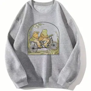 Cottagecore Frog Classic Wild Animal Printed, Nature Graphic Cozy Meadow Flower Printed, Streetwear Green Frogs Bicycle Graphic Sweatshirt, Unisex S-3XL - Menswear & Womenswear - Streetwear Tops - Casual Cotton Crewneck Polyester Sweatshirt