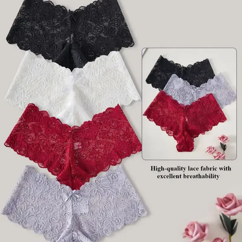 Women's 4pcs Solid Floral Lace Bow Decor Scallop Trim Knitting Nylon Panties, Casual Fit Soft Comfy Medium Stretch Drop Waist Knicker Underwear for Daily Wear Casual Soft Panty