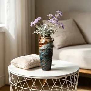 Retro Kiln Glaze Ceramic Vase with Two Handles, Wabi Sabi Style Blue-Brown Pottery Vase for Dried Flowers & Fresh Blooms, Handcrafted Rustic Decorative Vase for Living Room, Bedroom, Farmhouse, Boho Home Decor, Unique Artisan Pottery Centerpiece