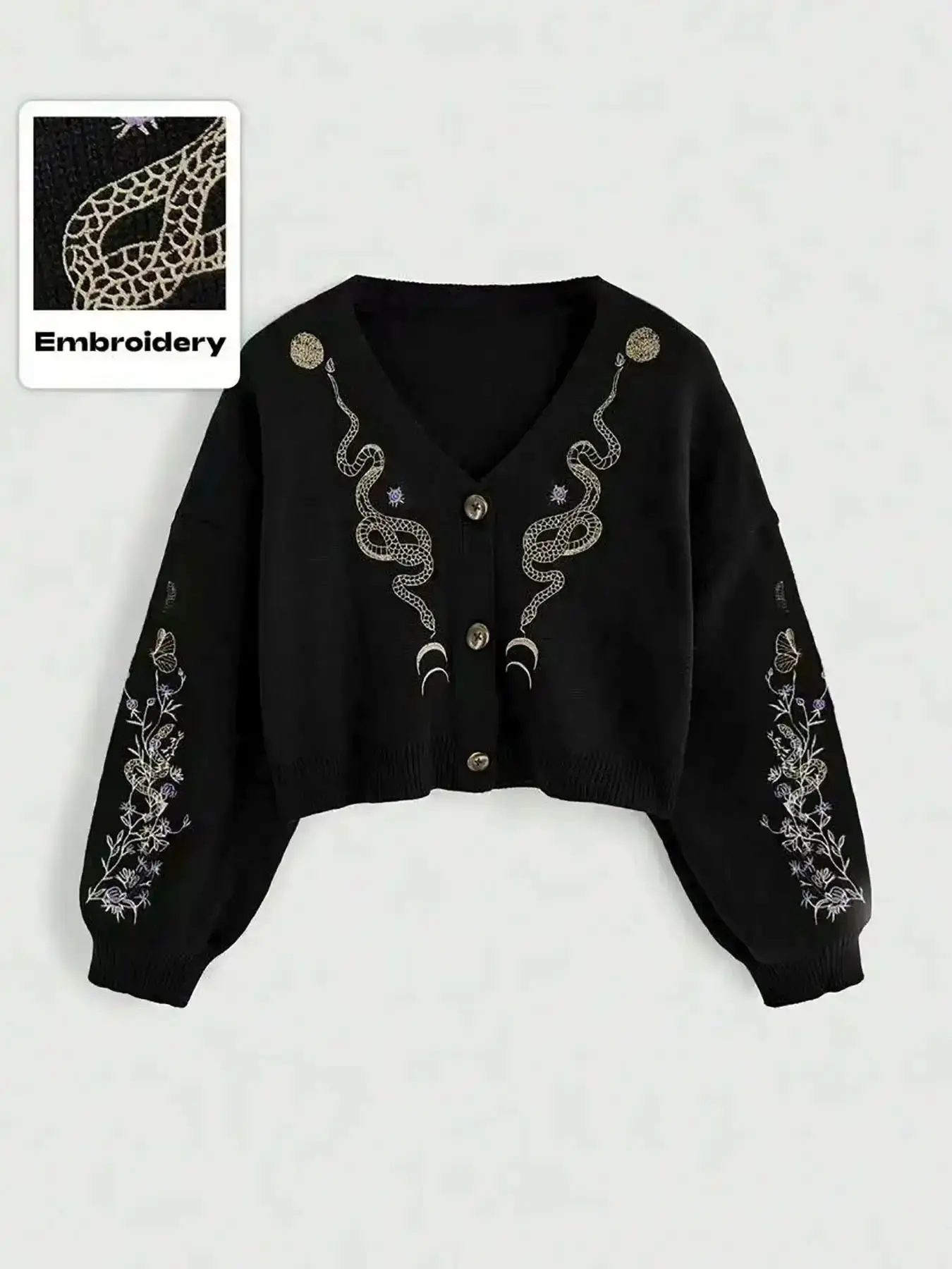 Knitted Cardigan with Plant Snake Embroidery, Elegant Loose-Fit Long Sleeve Sweater, Knitwear, Fall & Winter Fashion, Soft and Comfortable effortless essential wardrobe staple classic