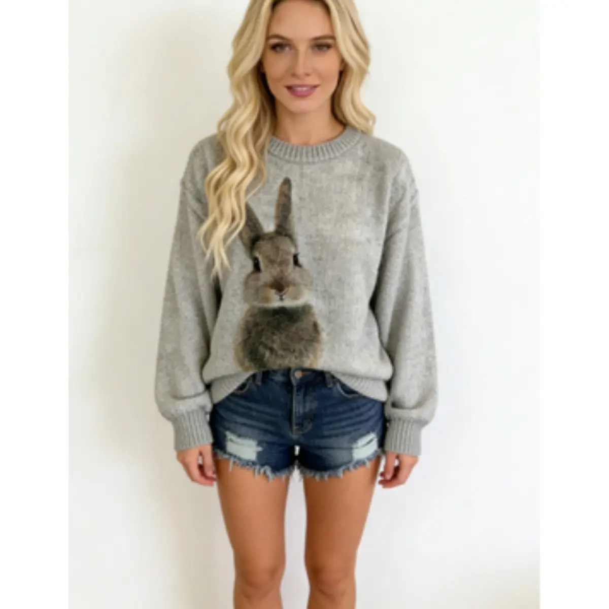 Round Neck Contrast Color Rabbit Print Loose Casual Polyester Pullover Top for Fall/Winter long sleeve tops women clothes for women vintage sweatshirts jacket for women valentine sweatshirt spider hoodie zip up hoodies tops for women