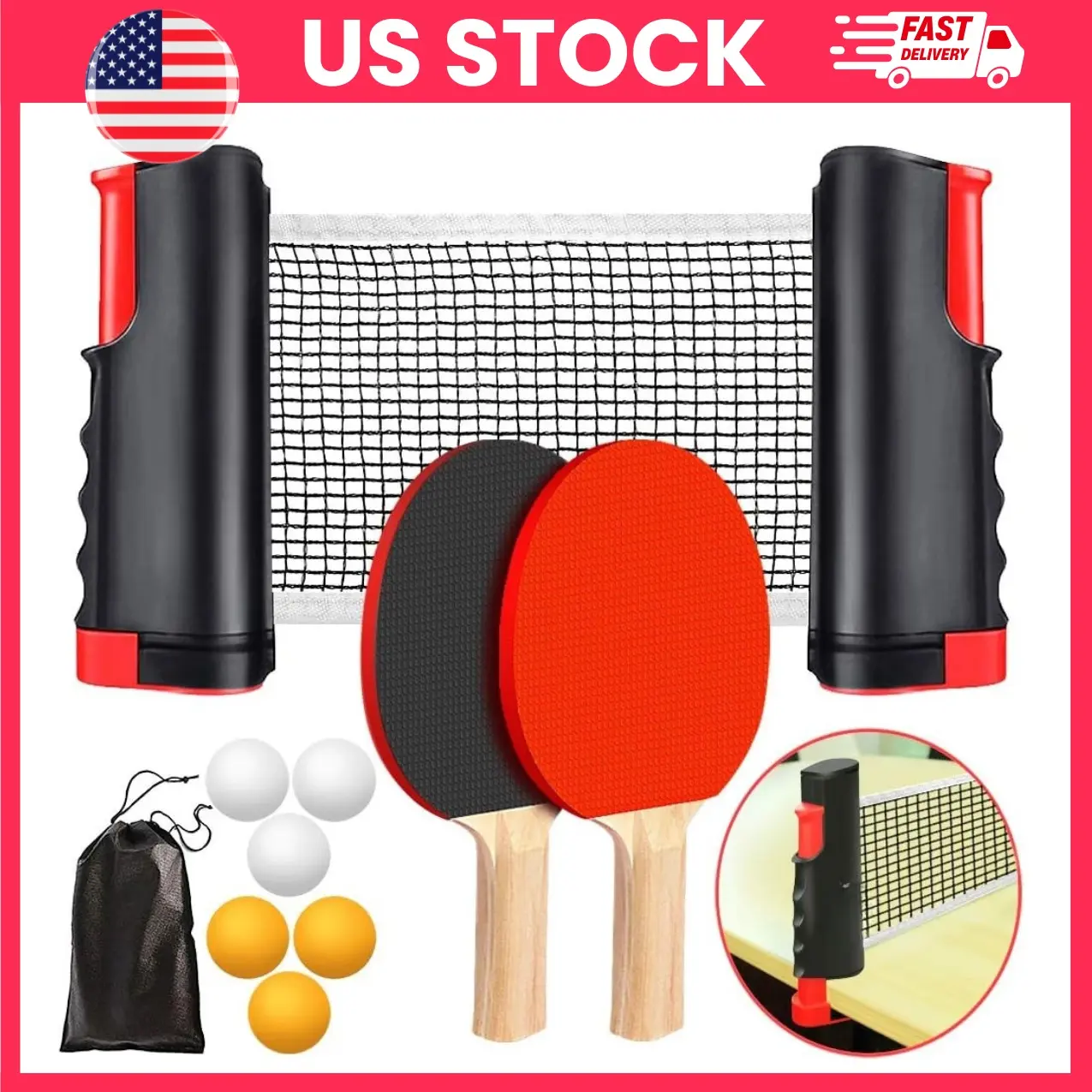 Ping Pong Paddle Set, Portable Table Tennis Set with Retractable Net, 2 Rackets, 6 Balls & Carry Bag for Indoor & Outdoor Table Tennis | ping pong balls, portable table tennis, indoor ping pong, outdoor table tennis, family game set