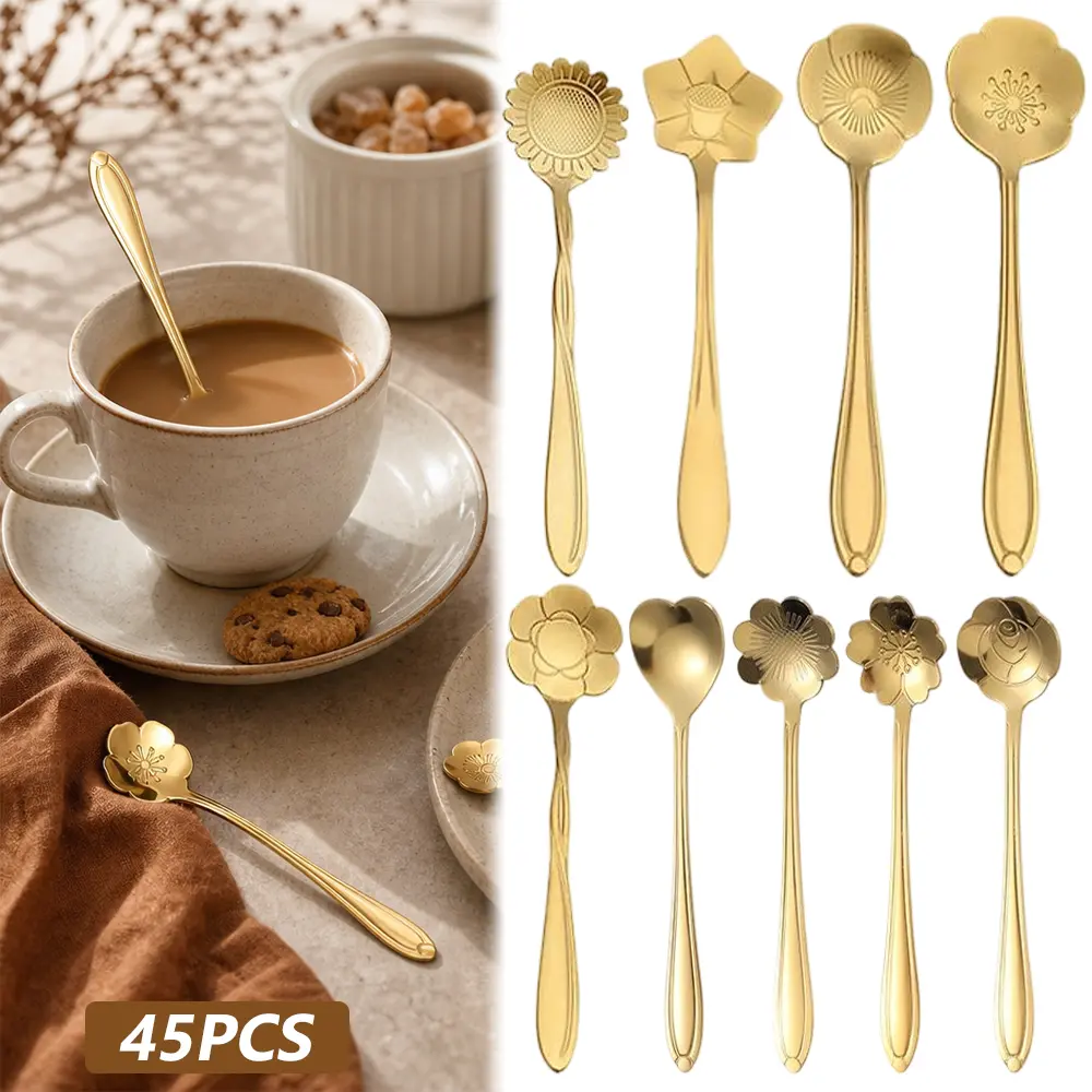 45 Pcs Stainless Steel Flower Coffee Spoon Dessert Sugar Ice Cream Stirring Tea Spoon Set for Tableware Kitchen, Cafe or Bar(Gold) - Home Improvement.