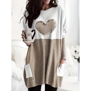 Plus Size Casual T-shirt, Women's Plus Colorblock Heart Print Drop Shoulder Long Sleeve Round Neck Tunic T-shirt With Pockets