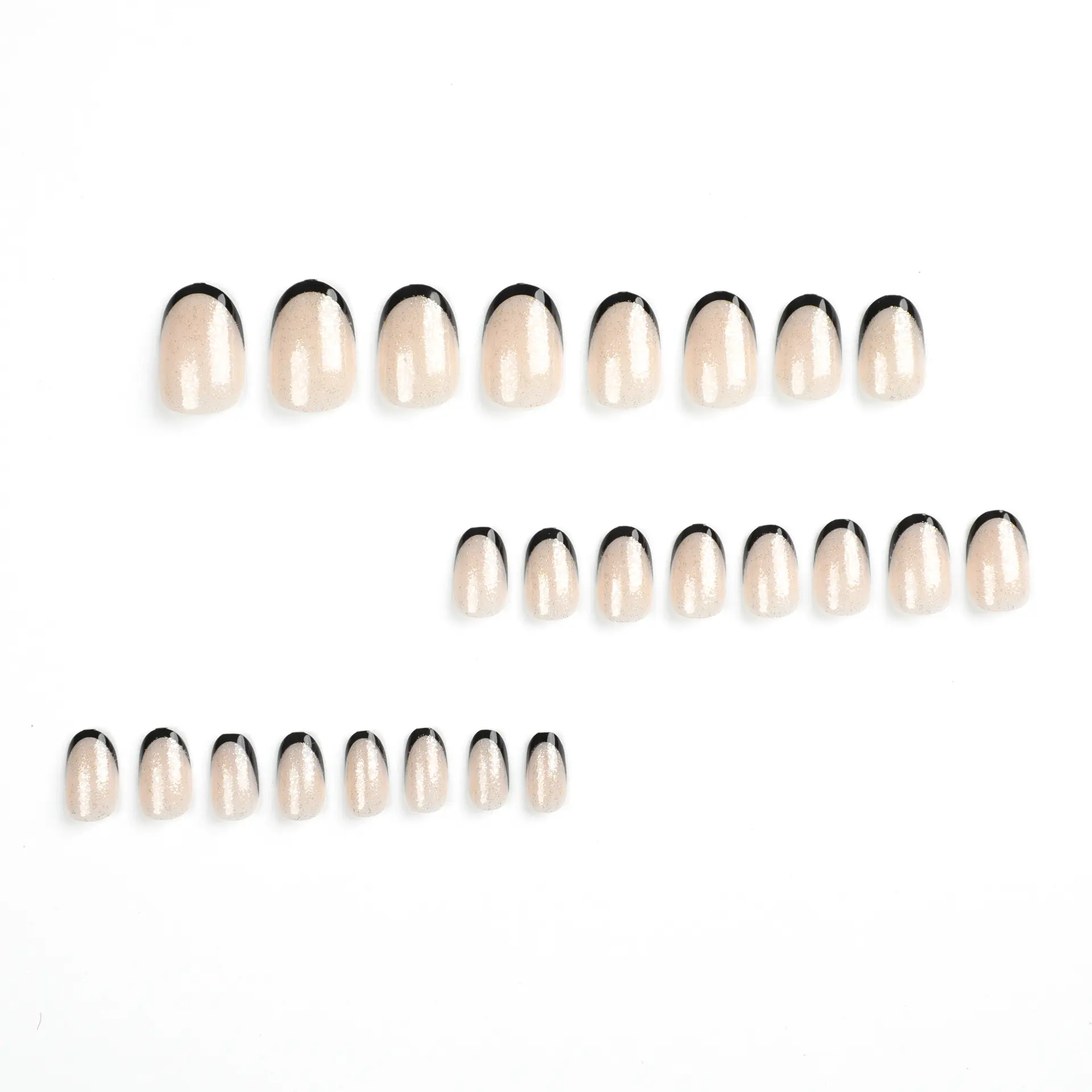 Midnight Glow Glitter Black French Tip Press-On Nails - 24 Nails & Glue Included, Short Almond Fake Nails with Sparkly Nude Design
