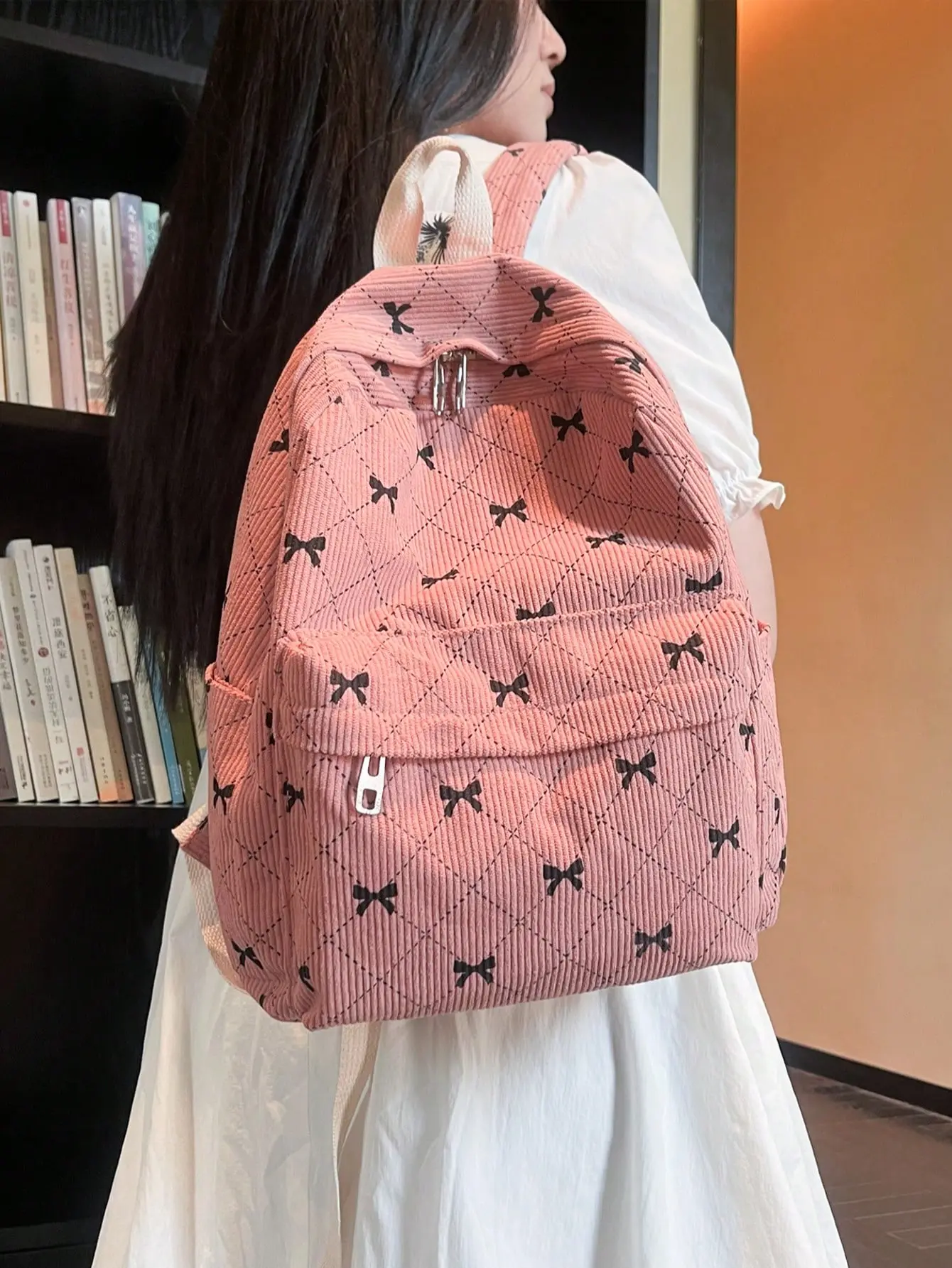 Women's Fashion Corduroy Casual Backpack - Minimalist Bow Decor, Large Capacity, Cute Versatile Design for Daily Use, Travel