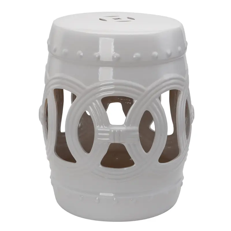 14"x17" White Porcelain Outdoor Garden Stool - Double-Coin Knotted Ring Design, Glazed Finish, Durable Solid Construction, Low-Maintenance Footrest, 300 lbs Capacity, 6.50 lbs Weight, Decorative End Table for Home Deck