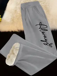 Women's Fleece Lined Thick Long Pants, Always Letter Print, Lamb Wool Inner Warmth, Casual Fall & Winter Wear, Drawstring Waist
