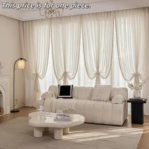 1PC Cream Linen Balcony Curtain with Fringe, French Vintage Embroidered Window Shade, Finished Curtains Room Decor Curtain for Bedroom Living Room Kids' Room