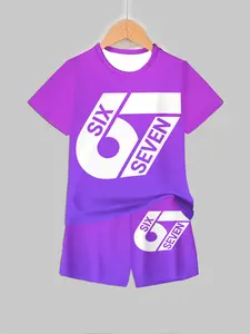 Number Letter Print Short Sleeve Shorts Set, Simple Trendy Casual Street Kids Clothing, Summer Fashion