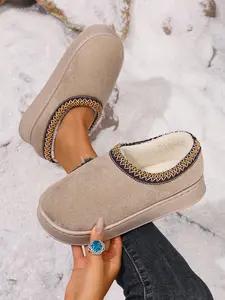 Unisex Winter Thickened Slippers, Suede Stitched Design, Eva Thick Sole Anti-Slip, Comfortable Fleece Lining, Indoor Home Use, Fluffy Home Slippers, Footwear