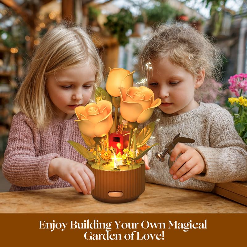 TOKMOC Valentine’s Gift Idea EN FLEUR,Blooming Rose Building Blocks Set, DIY Flower Building Kit with Light & Blooming Motion, Includes Remote Watering Can with Watering Sound,Christmas Gift and Home Decoration,for aged 12 and above,255 Pieces