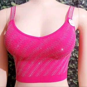 Women's Rhinestone Strappy Padded Tank Top with Trim - sportsbra style - Womenswear