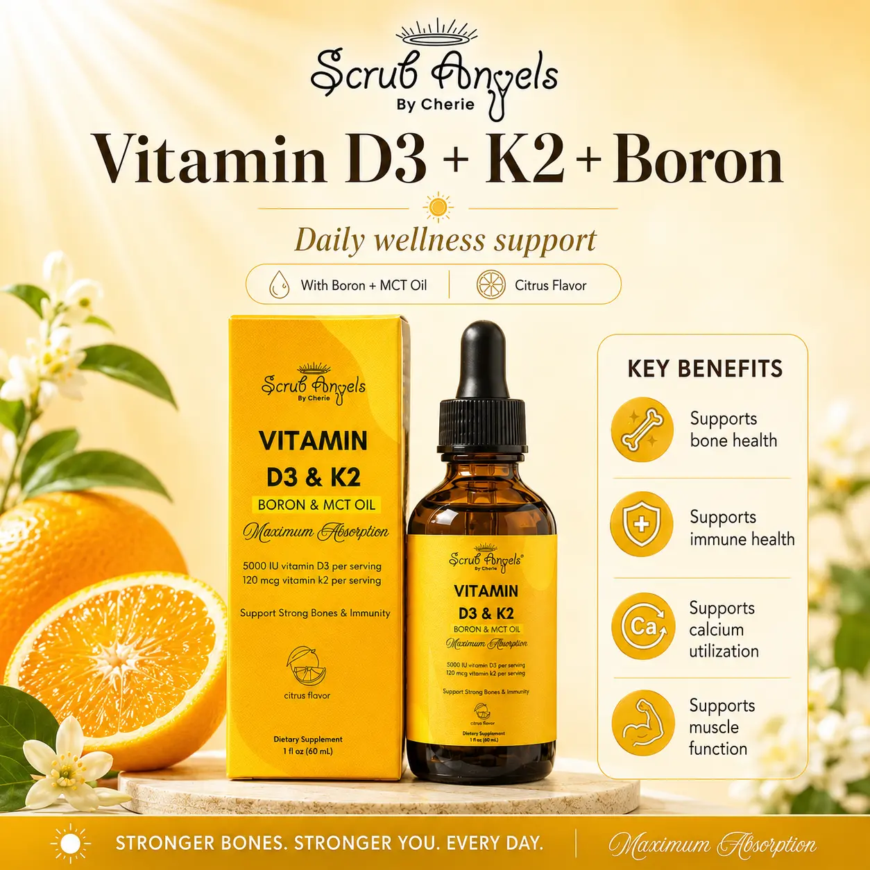 Scrub Angels - Premium Vitamin D3 & K2 With Boron for Bone and Immunity Support | Liquid Extract