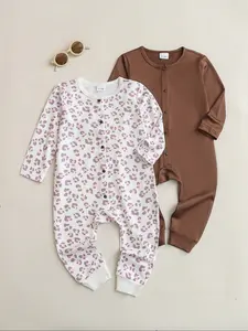 Baby Long Sleeve Romper Set 2 Pcs, Infant Toddler Clothes, Newborn Spring Autumn Open Front Jumpsuit, Leopard Print & Caramel Dual Color