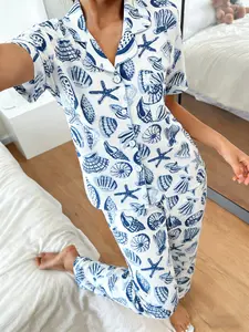 Women's Short Sleeve Long Pants Pajama Set, Ocean Shell & Starfish Full Print, Casual Loose Fit Home Wear Loungewear, All Seasons