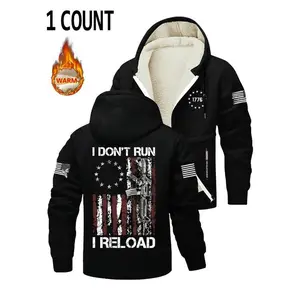 Men's Fleece Lined Hooded Jacket, Flag Gun Print, Adjustable Drawstring, Casual Long Sleeve Outerwear for Fall & Winter