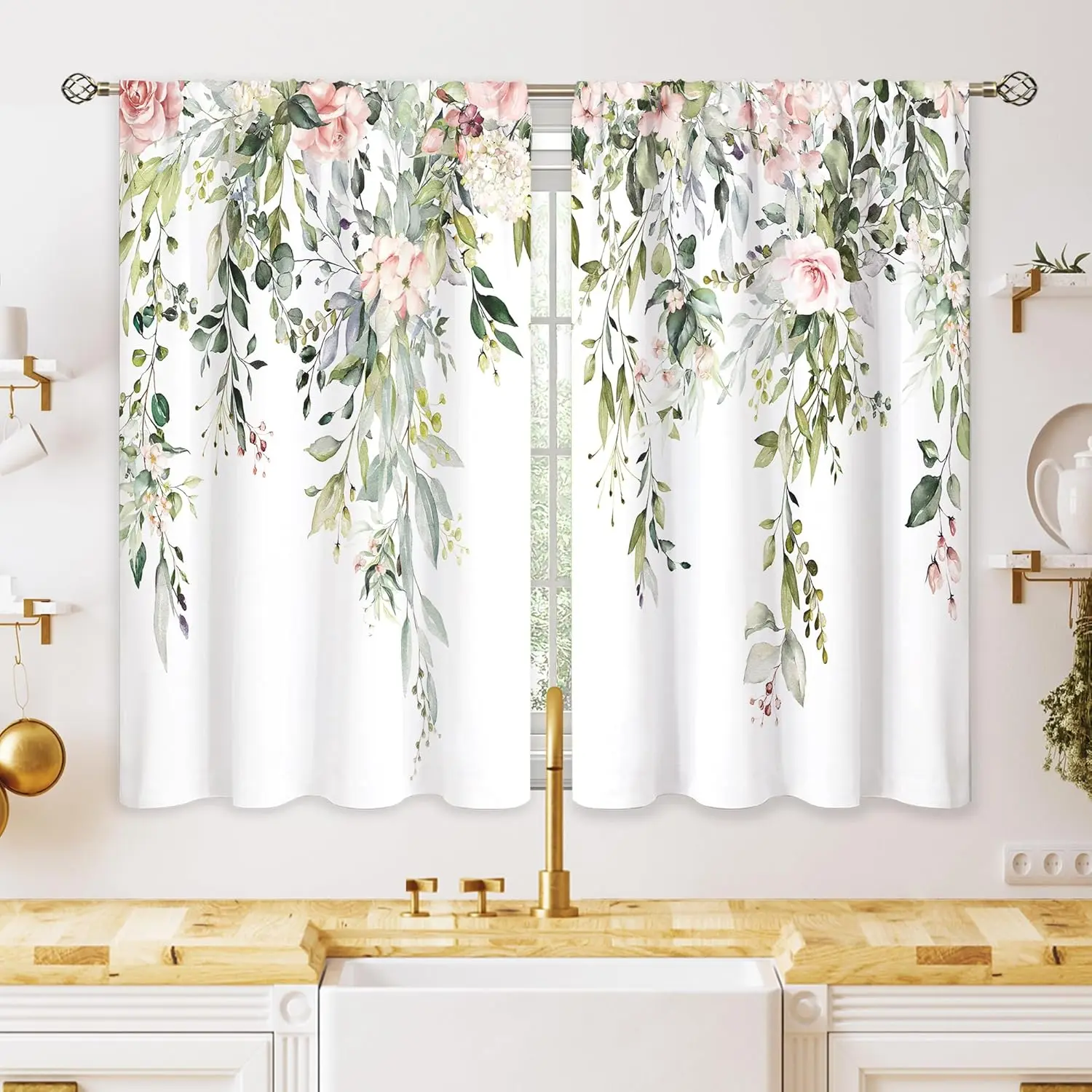 Boho Vintage Floral Tier Drapes, Eucalyptus Leaf & Pink Rose Design, 27.9x39in Light Filtering Burgundy & Pink Sheer Curtains for Kitchen/Bathroom Small Window Treatment, Sage Green Cafe Curtains, Burgundy Curtains
