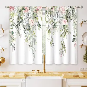 Boho Vintage Floral Tier Drapes, Eucalyptus Leaf & Pink Rose Design, 27.9x39in Light Filtering Burgundy & Pink Sheer Curtains for Kitchen/Bathroom Small Window Treatment, Sage Green Cafe Curtains, Burgundy Curtains