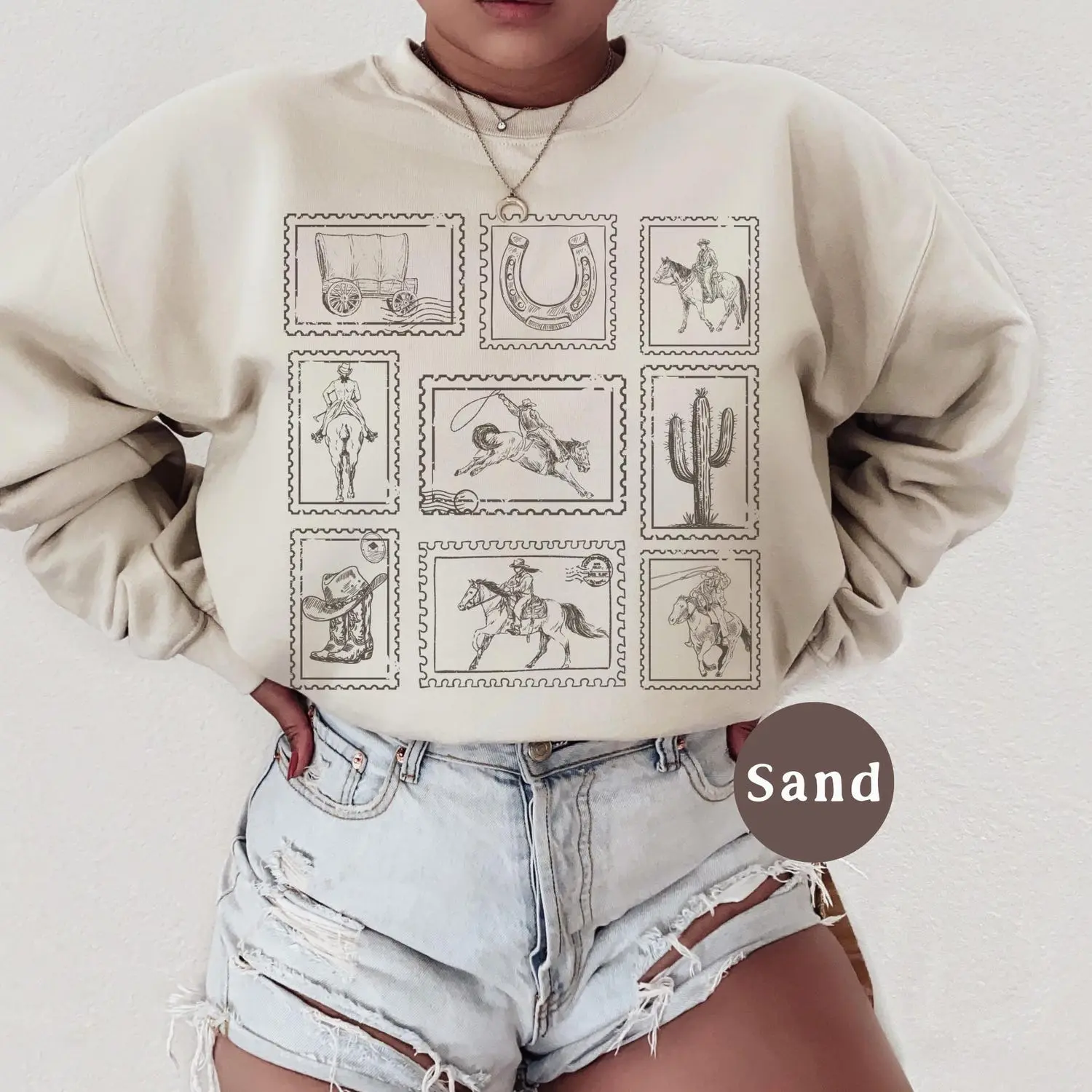 Vintage Western Stamp Crewneck & T-shirt, Wild West Cowboy and Horse Crewneck Sweater, Postage Boho Shirt, Gift for Rodeo Lover, Country Girl Gift, Western cowboy Graphic Hoodie, Western Boutique, cowboy stuff, western sweatshirt