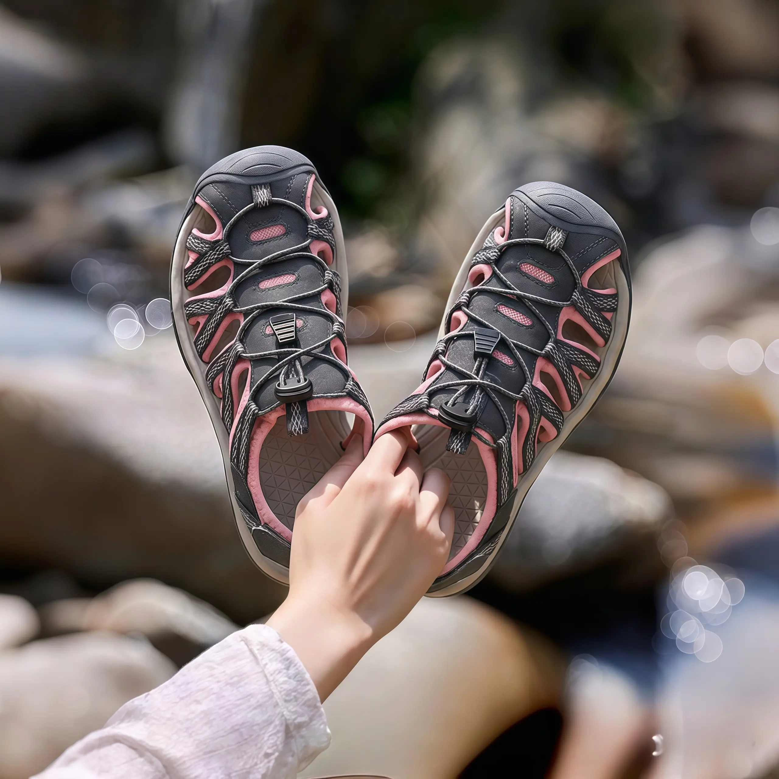 Barefoot Shoes Women Closed-Toe Sandals - Non-Slip Adjustable Bungee Lace Outdoor Footwear, Breathable Durable Wide Width Hiking Sandals for Trekking, Camping & Fishing Black/blue/pink