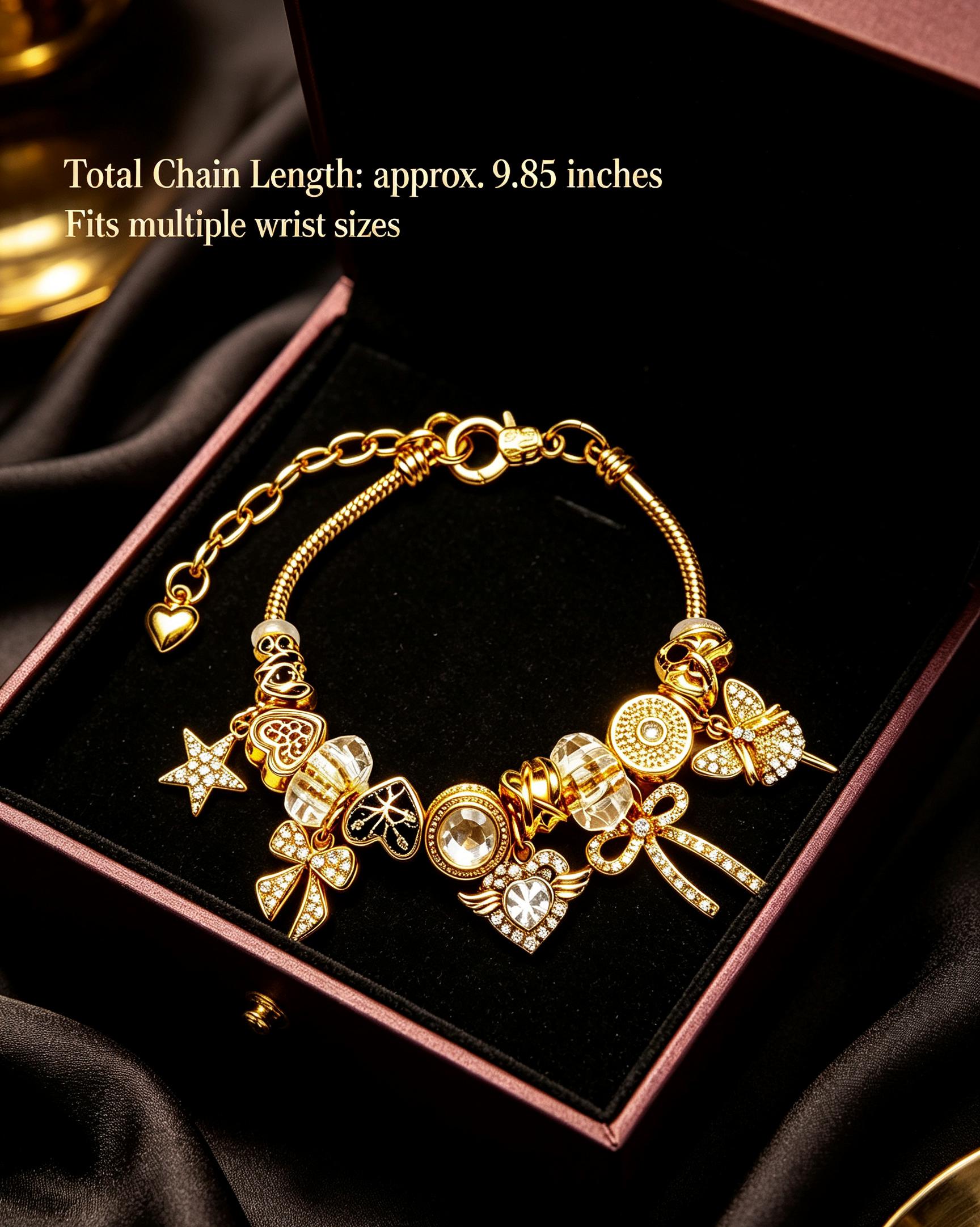 Fashion Gold-Tone Charm Bracelet for Women, Crystal Star Bow Heart Wing Dangle Bracelet, Adjustable Costume Jewelry Gift for Girls