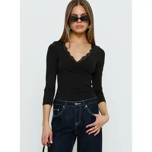 Lyselle Wrap Detail 3/4 Sleeve Bodysuit Black