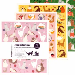 Puppington 4-Pack Swedish Dishcloths for Kitchen Cat Decor - Cat Gifts for Cat Lovers & Women - Cat Mom Decor & Cat Dad Gift Gear Cleaning Absorbent