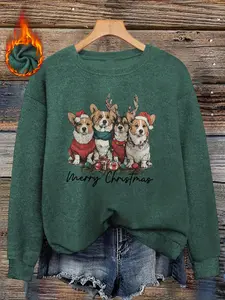 Corgi Christmas Pattern Faux Sweater, Long Sleeve Round Neck Pullover, Soft Elastic Fabric, Casual Fall & Winter Top for Women